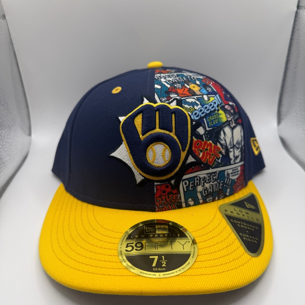 New Era 59FIFTY Milwaukee Brewers Comic Book Hat Navy Yellow 7 1/2 Low Profile